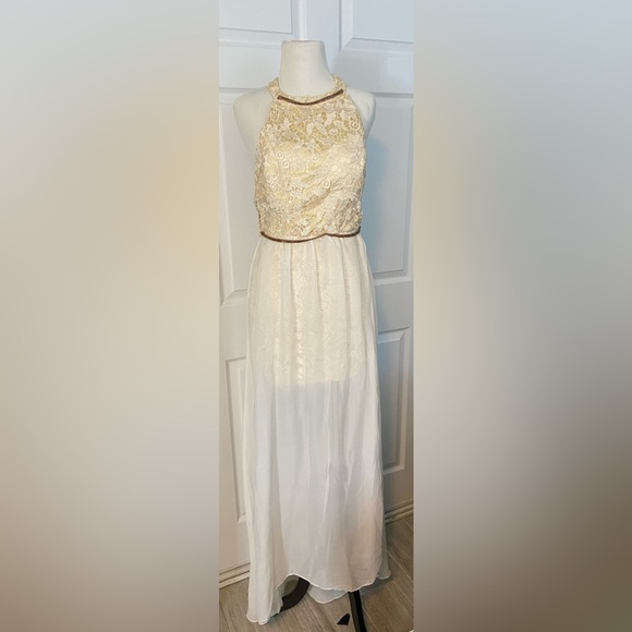 Bead Halter Maxi Dress w/ Lace Overlay, Size Medium (US 8) - Greek Goddess Style - Picture 1 of 13